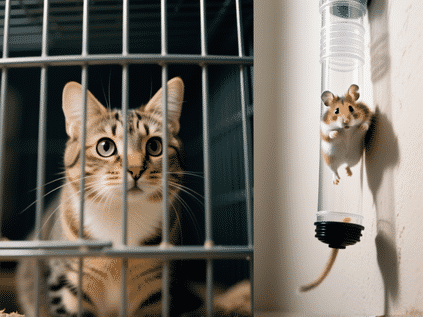 Split-screen image. On the left, a curious cat watches a hamster through cage bars. On the right, a hamster runs through