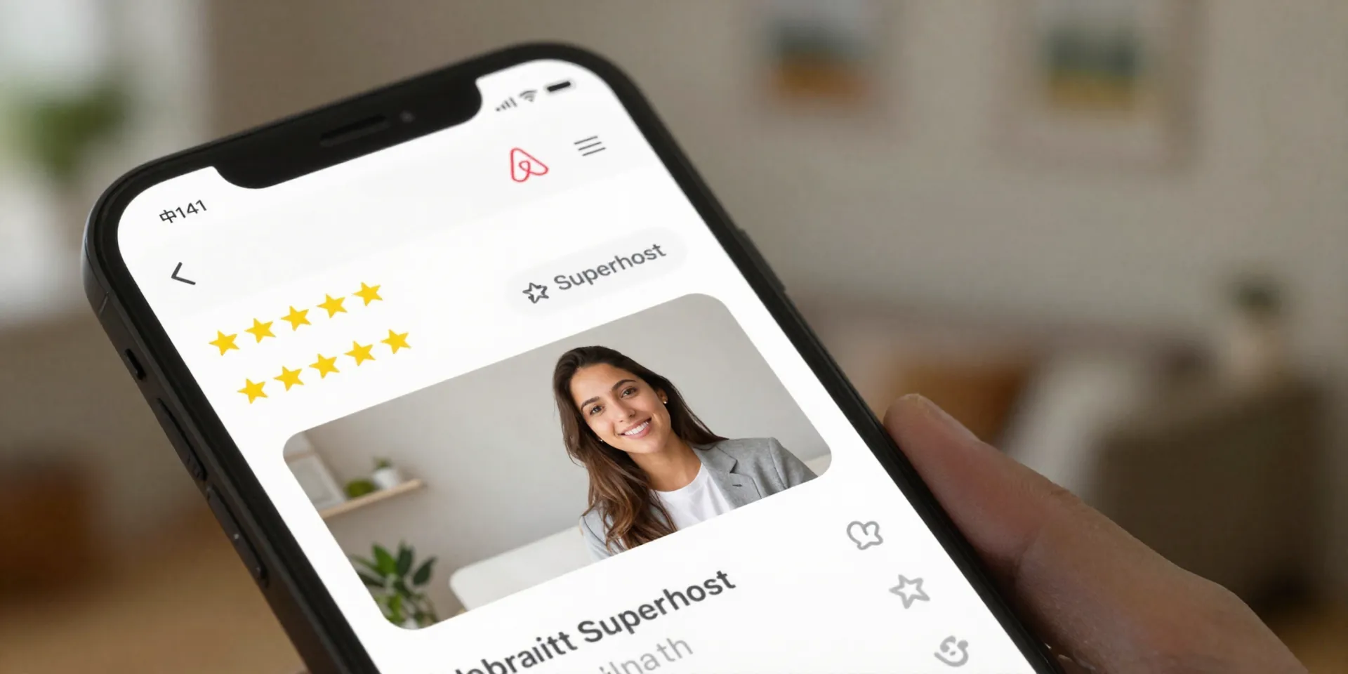 Photorealistic smartphone screen close-up. Display shows a detailed Airbnb host profile with hundreds of glowing 5-star reviews, a 'Superhost' badge clearly visible, and a friendly, professional host photo. The background is slightly blurred but suggests a cozy, well-decorated room. Soft focus on the screen, ambient light, smartphone aesthetic.