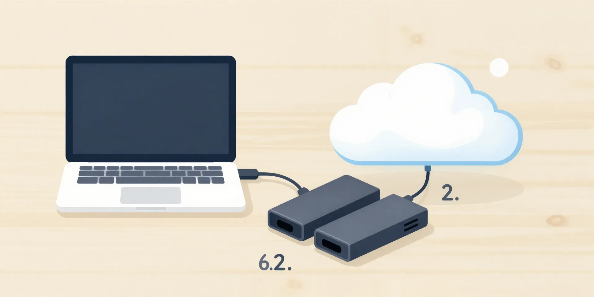 Midjourney prompt: Clean, minimalist infographic showing a laptop connected to two external drives and a floating cloud icon, simple icons representing the numbers 3, 2, 1, on a light wood background, flat design --ar 16:9 --style raw --v 6.0