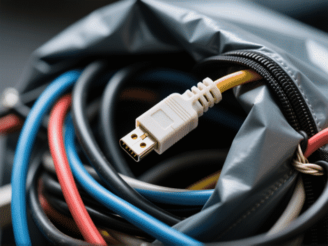 dynamic macro shot, a cable connector bent at a severe 45-degree angle from the pressure of a tightly packed bag, other cables visibly tangled and pinched around it, extreme detail on the plastic strain --ar 16:9 --style raw