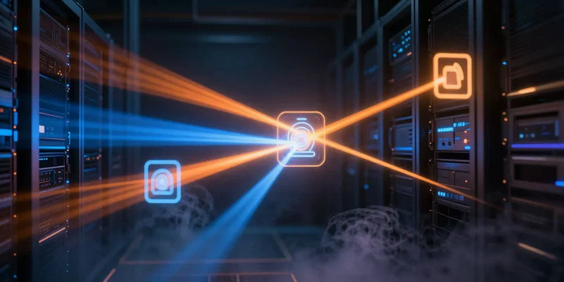 Abstract visualization of data transfer, glowing orange and blue laser beams connecting glowing tech icons in a dark server