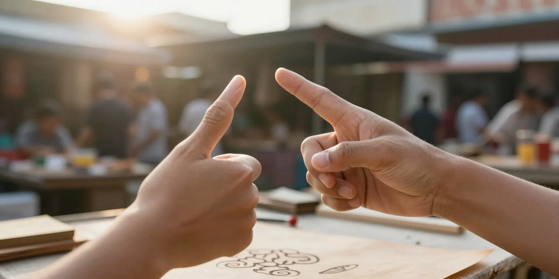 [Midjourney/SD Prompt: Medium close-up of two hands gesturing over a piece of handicraft, one hand pointing playfully. Soft focus background of a bustling market, golden hour light. --ar 4:5]