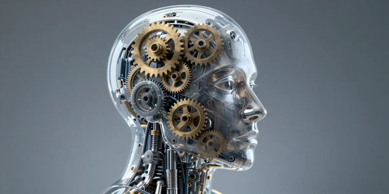 Midjourney Prompt: A mechanical, transparent human head. Inside, gears and cogs are turning. A single gear labeled 