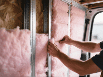 AI Image Prompt: Close-up, hands installing fluffy pink fiberglass batts between van wall ribs. The contrast between the raw steel and the insulating material. Texture detail, realistic workshop setting, natural light. --ar 4:3