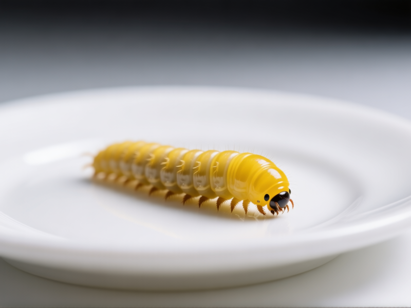 Midjourney prompt: Macro photography, a single bright yellow mealworm crawling on a pristine white dish, shallow depth of field, focus on the insect, natural light, studio clean background, photorealistic, sharp details, hyperrealism, 8k --ar 16:9 --style raw