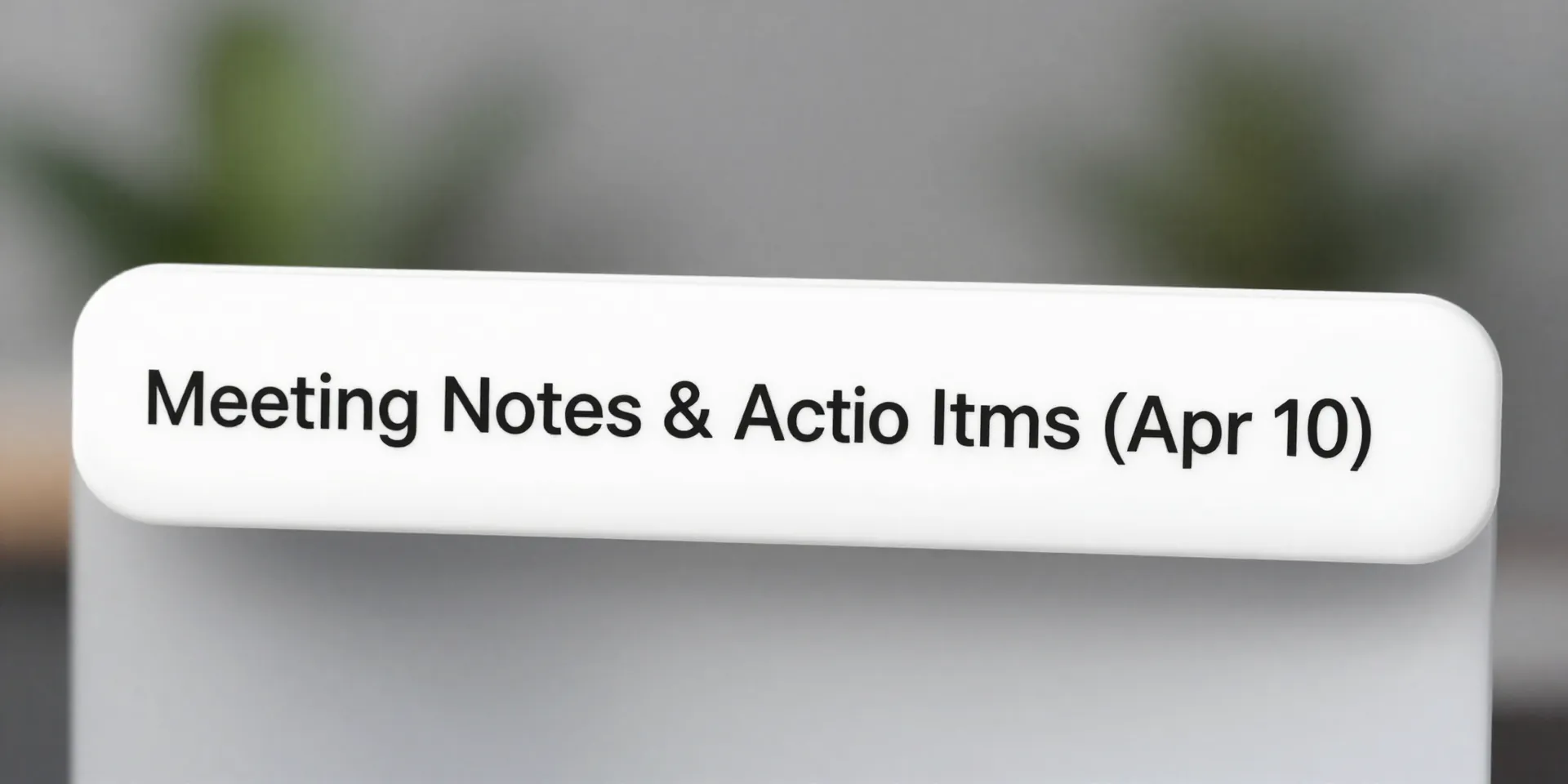 Close-up of an email client's subject line with text: 'Meeting Notes & Action Items (Apr 10)', minimalist UI