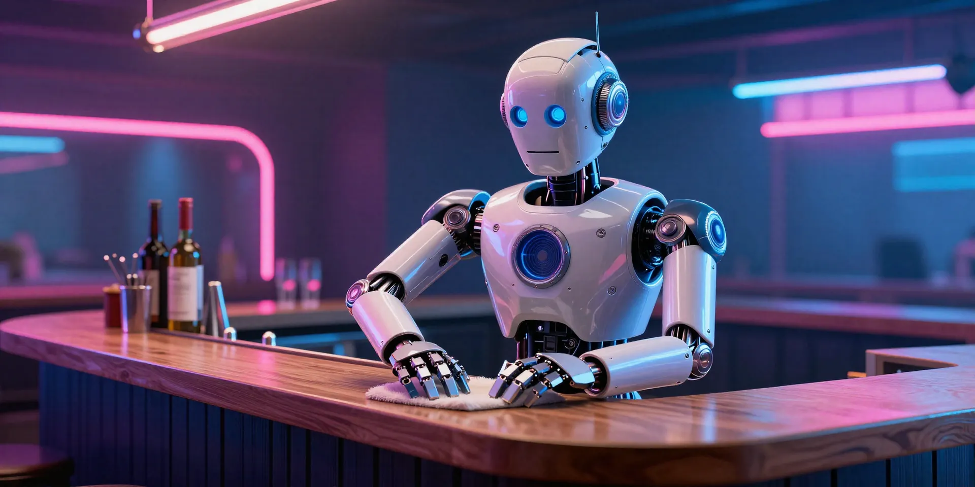 A sleek retro-futuristic robot bartender wiping a wooden counter, cyberpunk aesthetic, neon pink and blue lighting, highly detailed, photorealistic, cinematic composition --ar 16:9 --v 6.0