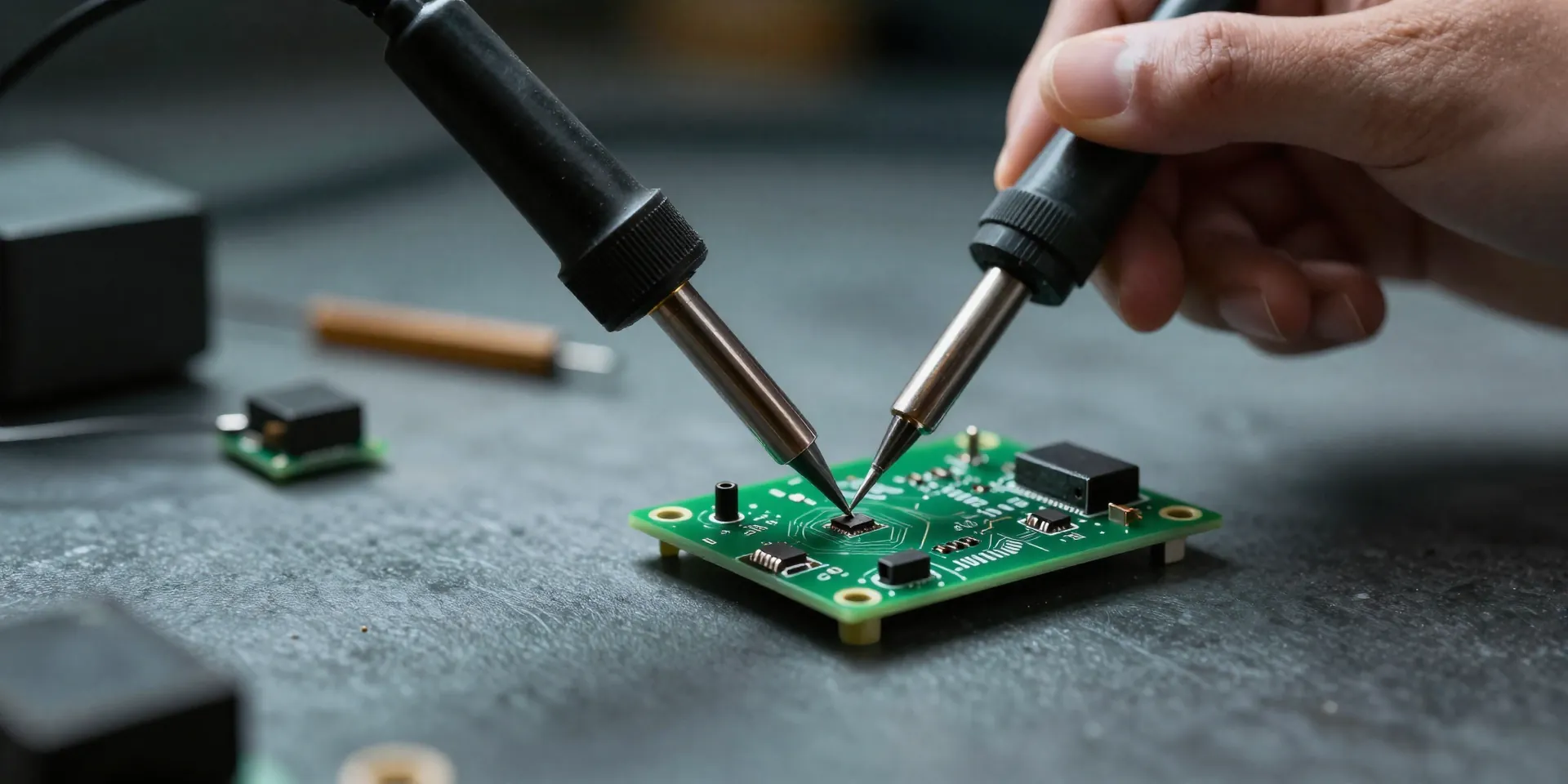 A smoking soldering iron hovering over a tiny green printed circuit board, miniature electronic components, moody garage lighting, highly detailed --ar 16:9