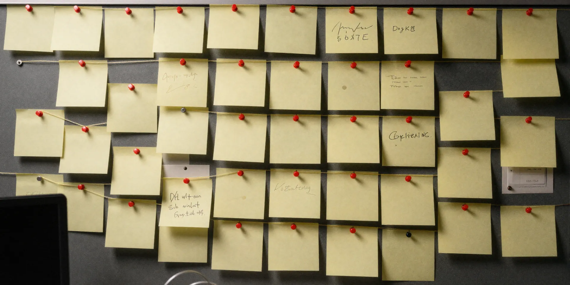 A chaotic office desk covered in hundreds of sticky notes and tangled strings connecting red push pins, cinematic lighting, photorealistic, 8k --ar 16:9