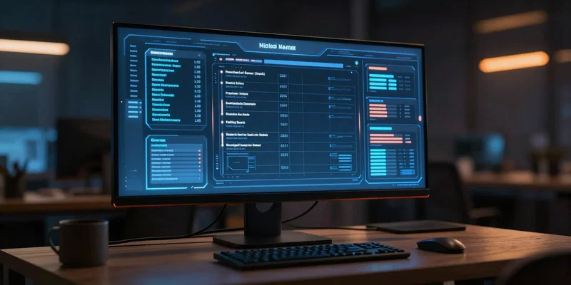 Midjourney Prompt: A sleek futuristic database dashboard glowing on a monitor in a dimly lit office, neon blue and orange accents, cyberpunk aesthetic, highly detailed --ar 16:9