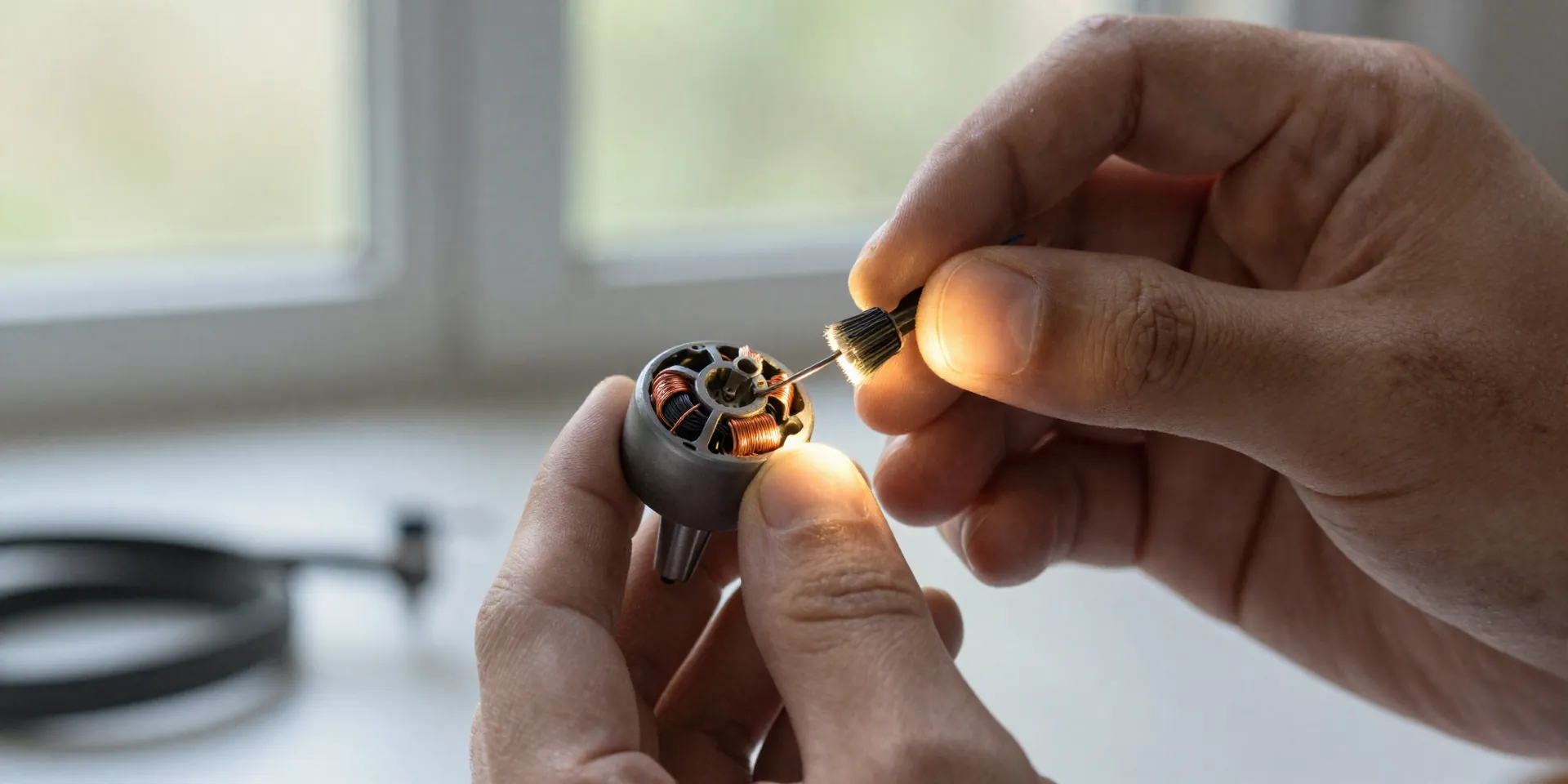 Hands holding a dirty brushless drone motor up to the light, checking the copper wire coils inside, shallow depth of field, natural window lighting, photorealistic --ar 16:9
