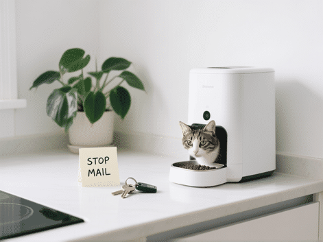 A stylish, minimalist kitchen counter with a note reading 'STOP MAIL' next to spare keys, a thriving houseplant, and a cat peeking into an automatic feeder. Clean, bright, modern aesthetic, sharp focus on the details.