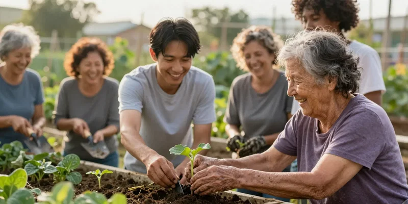 Midjourney prompt: [warm, candid photograph, shallow depth of field] A diverse group of adults laughing in a community garden, holding muddy trowels and plants. A person in a slightly-too-clean t-shirt (the developer) is being shown how to plant a seedling by an older woman with weathered hands. Golden hour sunlight, genuine smiles, connection. --ar 16:9 --style raw