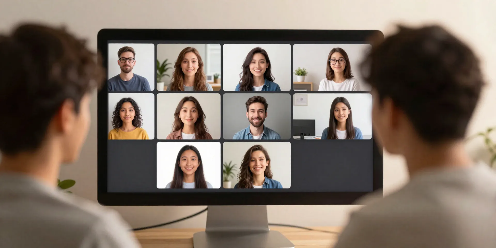 Midjourney prompt: A person's perspective looking at a computer monitor, the Zoom gallery shows teammates as friendly, stylized cartoon avatars instead of real faces, warm digital glow, safe and creative atmosphere, 3D render, soft focus --ar 16:9