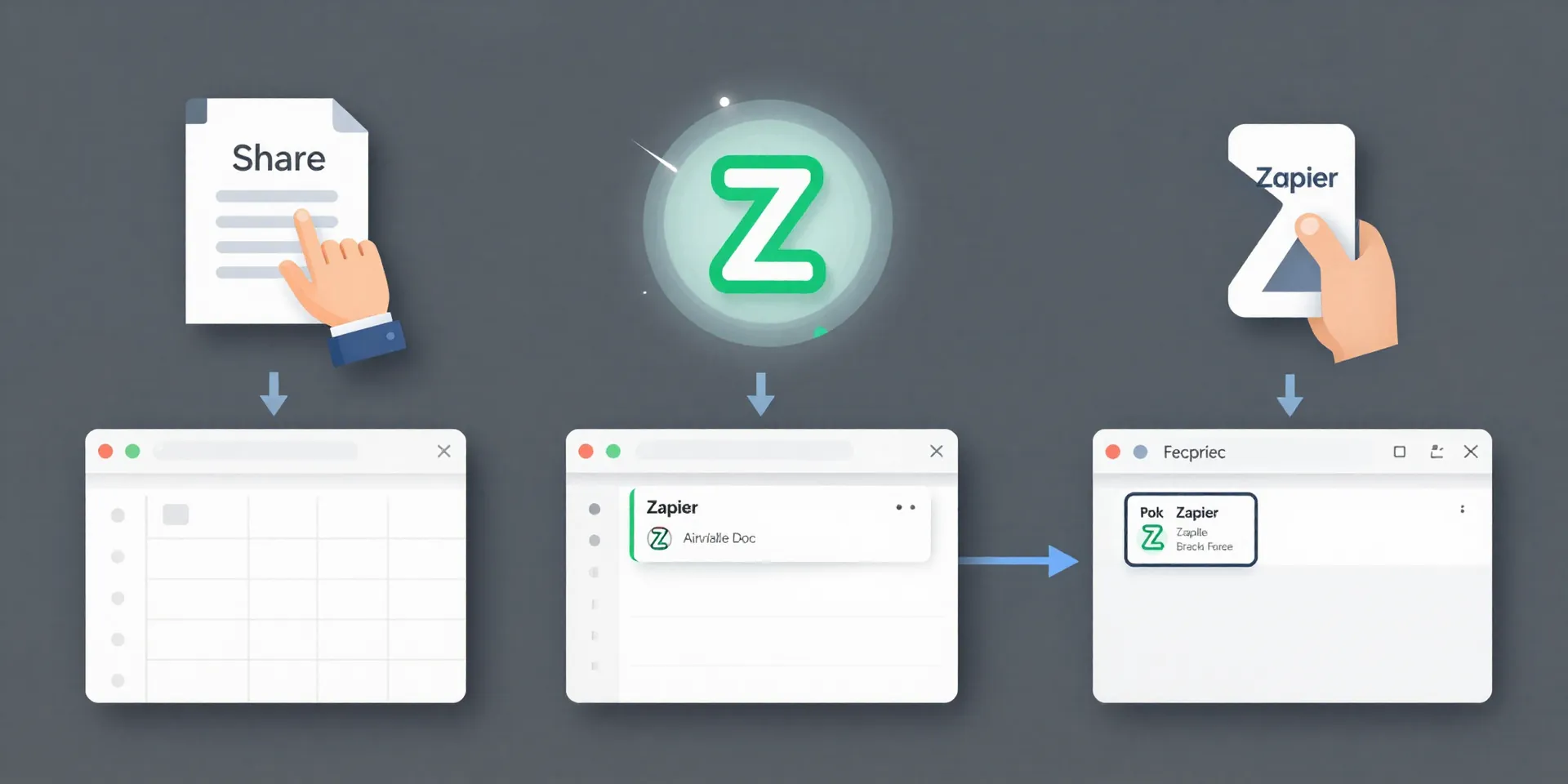A visual flowchart in an isometric 3D style. Step 1: A hand clicks 'Share' on a Google Doc. Step 2: A Zapier 'Z' logo pulses. Step 3: A new record pops into an Airtable grid. Step 4: The Airtable record highlights and links back to the Doc. Clean, tech-illustration style, soft shadows