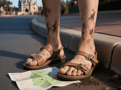 Midjourney prompt: A close-up shot of brand new, blister-covered feet in cute but impractical sandals, on a curb in Magic Kingdom. Feet are dirty, tired, with a forgotten park map on the ground. Photorealistic, detailed, slightly dramatic lighting --ar 16:9