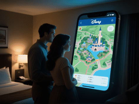 Midjourney prompt: A thoughtful couple looking at a Disney World park map on a phone screen, illuminated by the screen's glow in a dimly lit hotel room. The map shows highlighted paths and times. Moody, intimate lighting, cinematic, hyperrealistic detail. --ar 4:3 --v 6.0