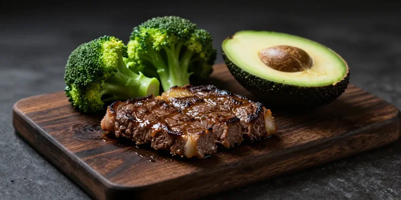 [AI Image Prompt: Moody, cinematic still life. A dark wooden board holds three simple components: a stack of seared steak strips, a pile of crisp green broccoli florets, and half an avocado. Dramatic side lighting, rich textures, simple composition. --style raw --ar 16:9]