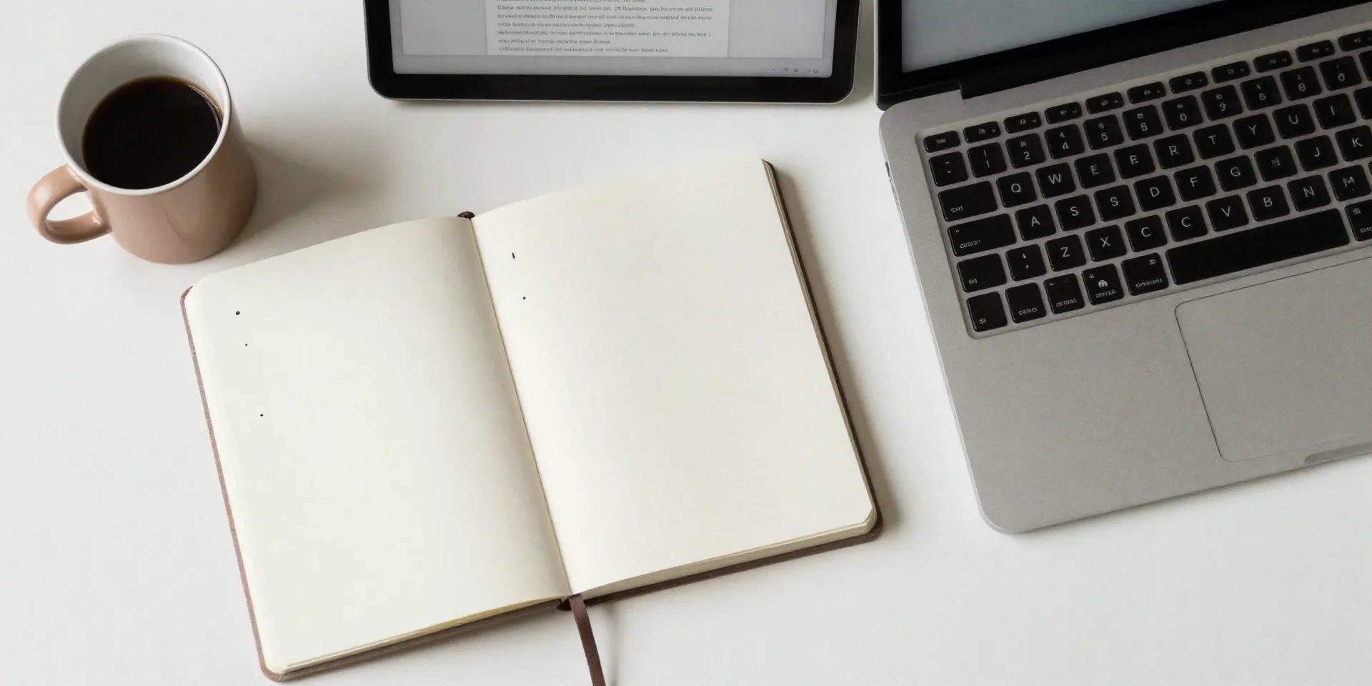 A minimalist desk setup: an open notebook with three simple bullet points, a warm mug, and a laptop showing a muted meeting. Soft morning light. Style: calm, aspirational productivity flat lay, shallow focus on the handwritten notes