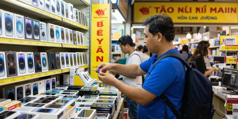 Dynamic shot from inside a busy Vietnamese electronics market (like The Gioi Di Dong). Shelves stacked with phone boxes, yellow and red branding. A vendor in a blue shirt is handing a SIM ejector tool to a traveler. Warm, slightly chaotic energy.