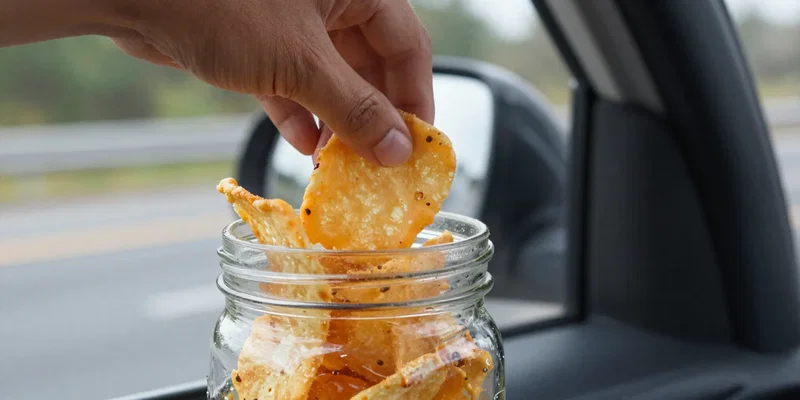 Close-up of a hand reaching into a mason jar filled with crispy, cheese-based keto snacks (like cheese crisps and pork rinds) against a backdrop of a moving highway blurred through a car window. Dynamic, lifestyle shot --ar 16:9