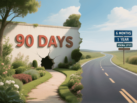 A visual metaphor for two different paths: one path is a short, beautiful garden trail ending abruptly at a '90 DAYS' wall. The other is a longer, paved road winding into the distance with signs for '6 MONTHS', '1 YEAR', and a renewal office. Art style: surreal digital collage, hyper-realistic elements, symbolic.