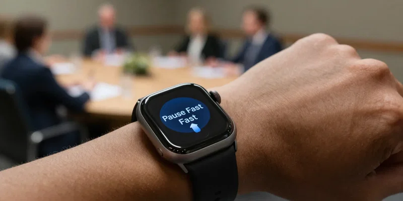 Close-up of a smartwatch on a wrist, screen showing a 'Pause Fast' button with a tap animation. Blurry background of a conference room with people at a table. Moody lighting, shallow depth of field.