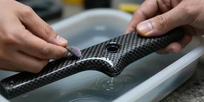 Macro photography of hands wet-sanding the edge of a carbon fiber drone arm in a shallow tray of water, cinematic workshop lighting, sharp focus on the wet carbon edge, 85mm macro lens --ar 16:9