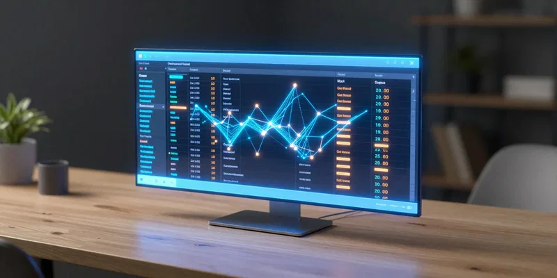 A sleek, futuristic digital spreadsheet glowing with neon blue and orange data nodes, floating above a minimalist wooden desk, depth of field, cyberpunk aesthetic, Unreal Engine 5 render --ar 16:9 --v 6.0