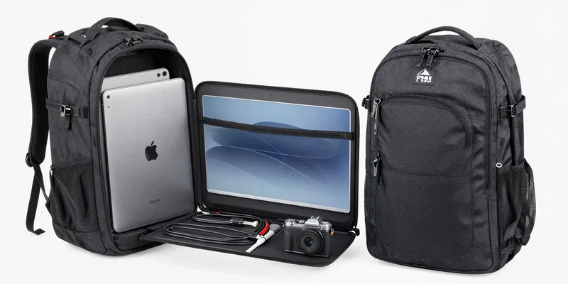 cutaway illustration view of the peak design everyday backpack, showing a 16-inch macbook pro in a suspended laptop sleeve, a tablet in a separate slot, cables organized in a zippered compartment, tech pouch, and a camera cube, all neatly arranged, isometric view, clean lines