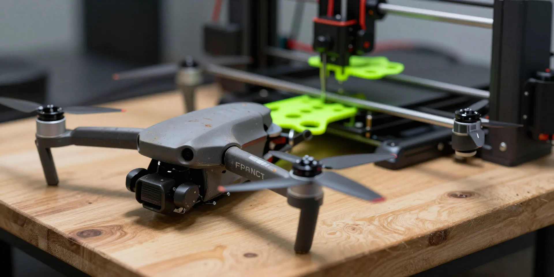 Midjourney Prompt: Close up macro shot of a dirty, well-used FPV drone resting on a wooden workbench next to a sleek 3D printer actively printing a bright neon green part. Cinematic lighting, photorealistic, 8k, highly detailed --ar 16:9