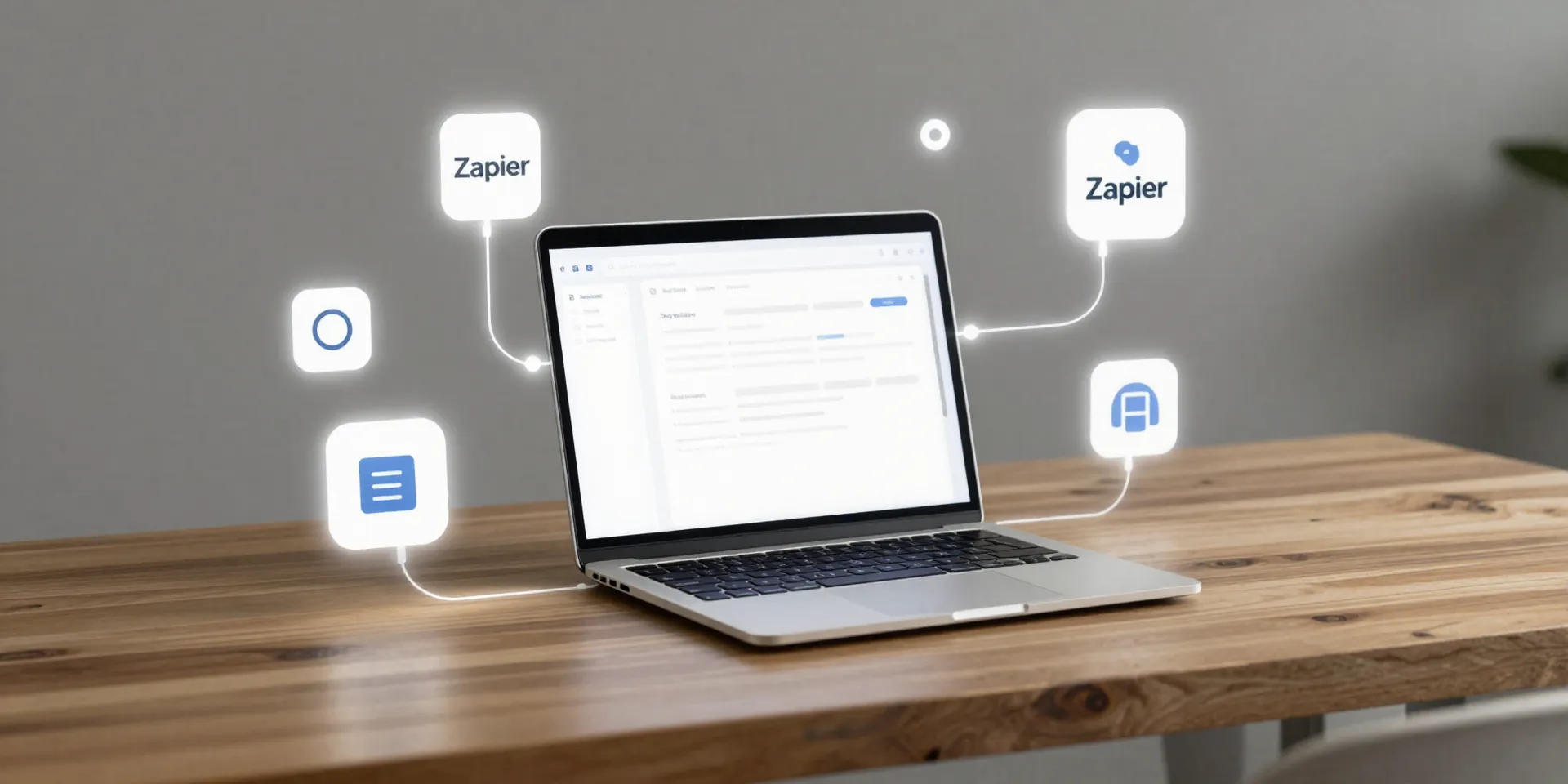 Midjourney prompt: A clean, modern workspace. A laptop on a wooden desk showing a simple dashboard, connected by glowing, elegant lines to icons for Zapier and Airtable. Isometric view, minimalist, digital art style, soft glow on connectors