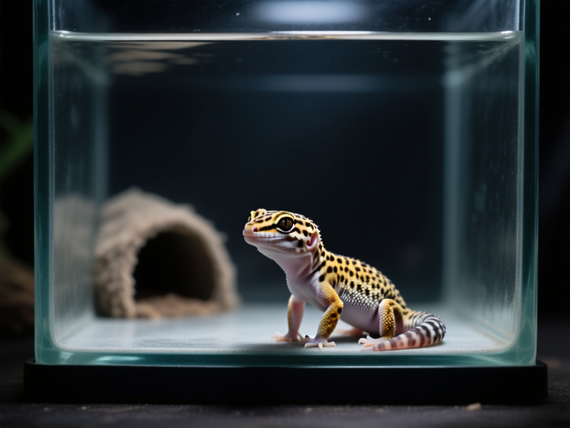 A close-up, photorealistic shot of a tiny leopard gecko hatchling sitting in a huge, stark 20-gallon glass tank. The tank looks almost empty except for a single hide, making the gecko appear lost. Dark moody lighting, hyper-detailed scales. --style raw --ar 16:9