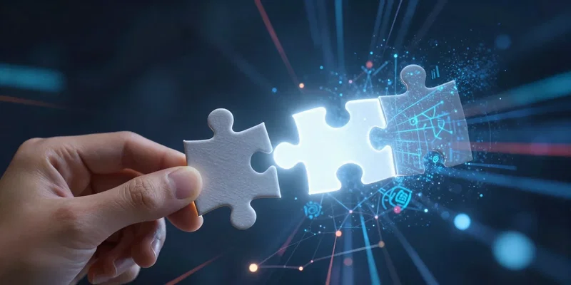 AI Image Prompt for : A hand holding a small, glowing puzzle piece, about to click into a larger, complex digital puzzle