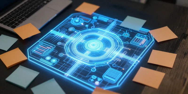 Top-down view of a glowing digital blueprint overlaying a messy desk with scattered sticky notes, neon blue and orange UI elements, high contrast --ar 16:9