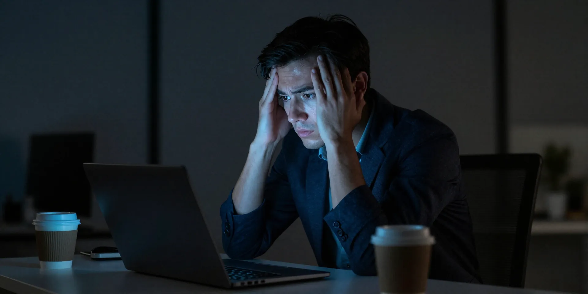 Cinematic photography of a stressed office worker staring at a glowing laptop screen in a dark room, empty coffee cups scattered around, neon blue screen reflection on face, moody lighting, shot on 35mm lens --ar 16:9 --v 6.0