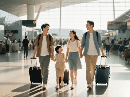 A cinematic, medium-wide shot of a family of four walking through a busy, sun-drenched international airport terminal, pulling sleek carry-on luggage. They're all smiling, looking relaxed. Shot on a 35mm film lens, with a slightly grainy, nostalgic texture.