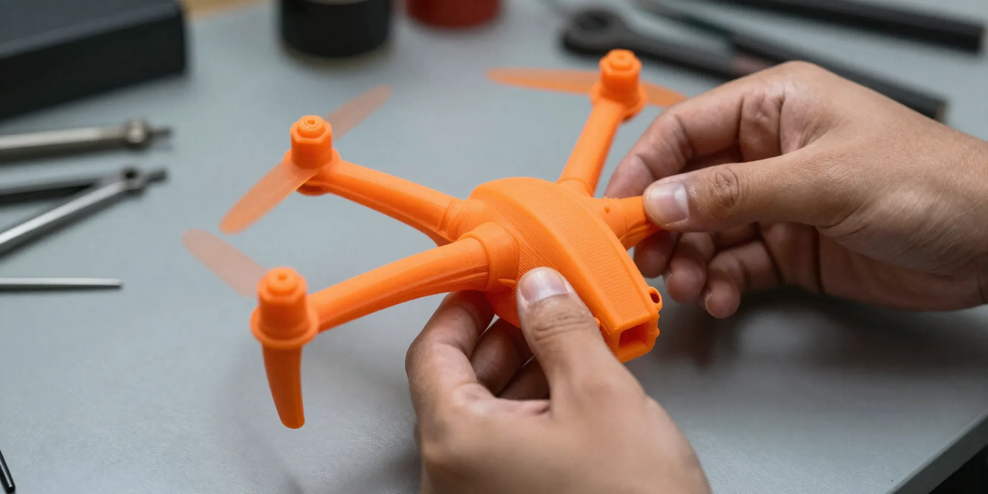 Midjourney Prompt: Hands twisting and bending a bright orange 3D printed drone mount, showing off its extreme rubbery flexibility. Workbench background with scattered tools, hyperdetailed, realistic lighting, shot on 35mm lens --ar 16:9