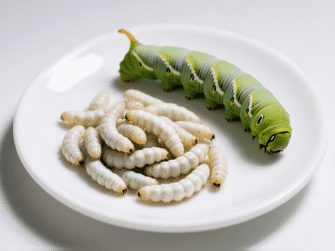 Midjourney Prompt: A handful of plump, white waxworm larvae and a single, large green hornworm on a clean white plate, studio lighting, hyper-detailed, texture of skin and segments visible
