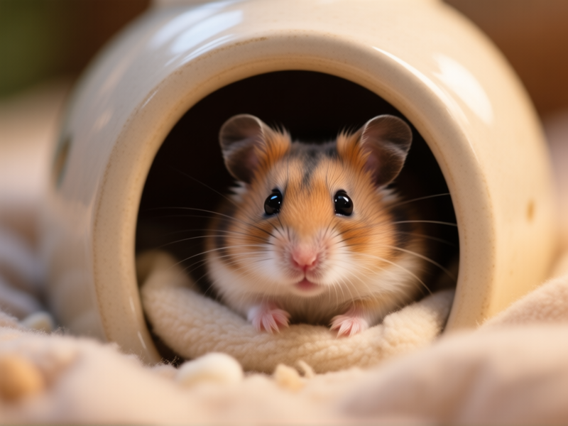 A photorealistic close-up of a dwarf hamster huddled in a ceramic hideout, looking out of a small entrance. Soft bedding around it, shallow depth of field, warm ambient lighting. –ar 16:9