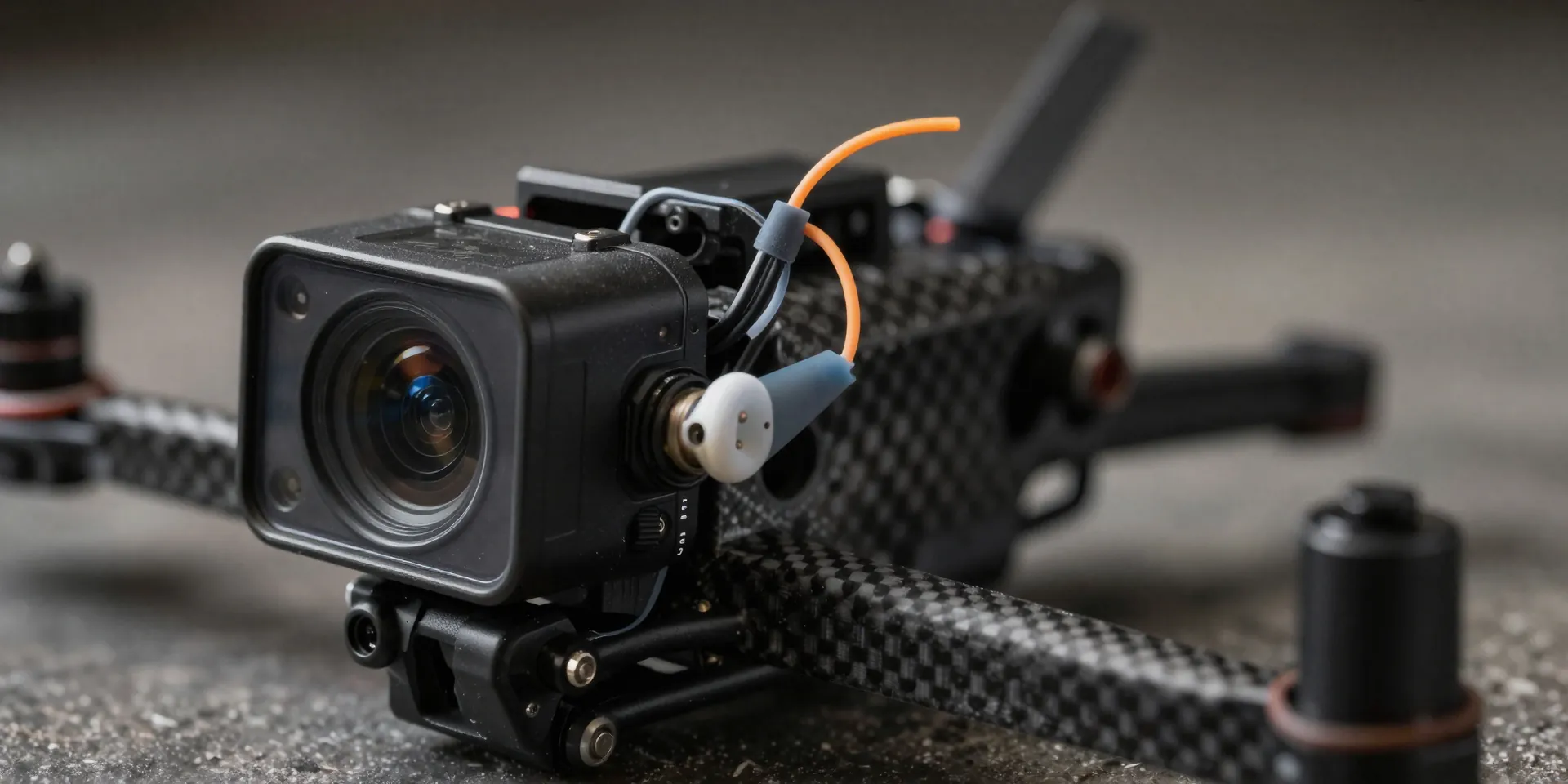 Close up of a small analog FPV camera with exposed silicone wires, resting on a matte carbon fiber drone frame, cinematic rim lighting, hyper-detailed, depth of field --ar 16:9