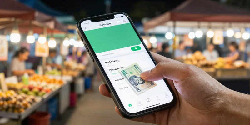 Close-up of a hand logging a cash purchase in a simple, bold mobile app. In the blurred background, a vibrant Thai night market with stalls of food and goods. Warm, dynamic lighting. --ar 16:9