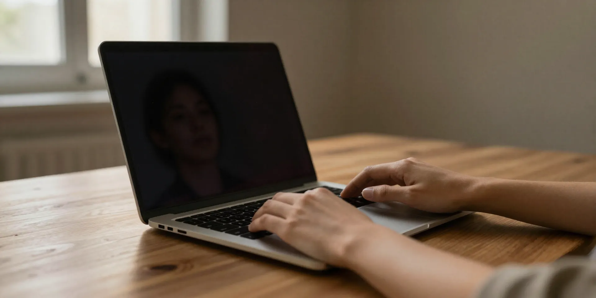 AI Image Prompt: A person's hands decisively closing a sleek, modern laptop on a wooden desk. The screen goes from bright to black, reflecting their face in the dark surface. Warm evening light from a window, dust particles in the air. Minimalist, realistic photo.