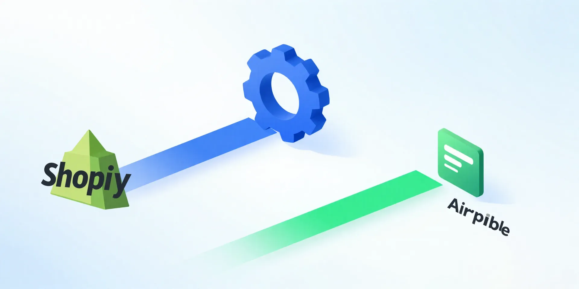 Illustration-style, isometric diagram. 'Shopify' logo on the left emits a clean, blue data stream that flows into a 'Zapier' gear icon in the center. The gear outputs a vibrant, organized green data stream into an 'Airtable' logo on the right. The background is soft and abstract. Clean, modern digital art, vector style.