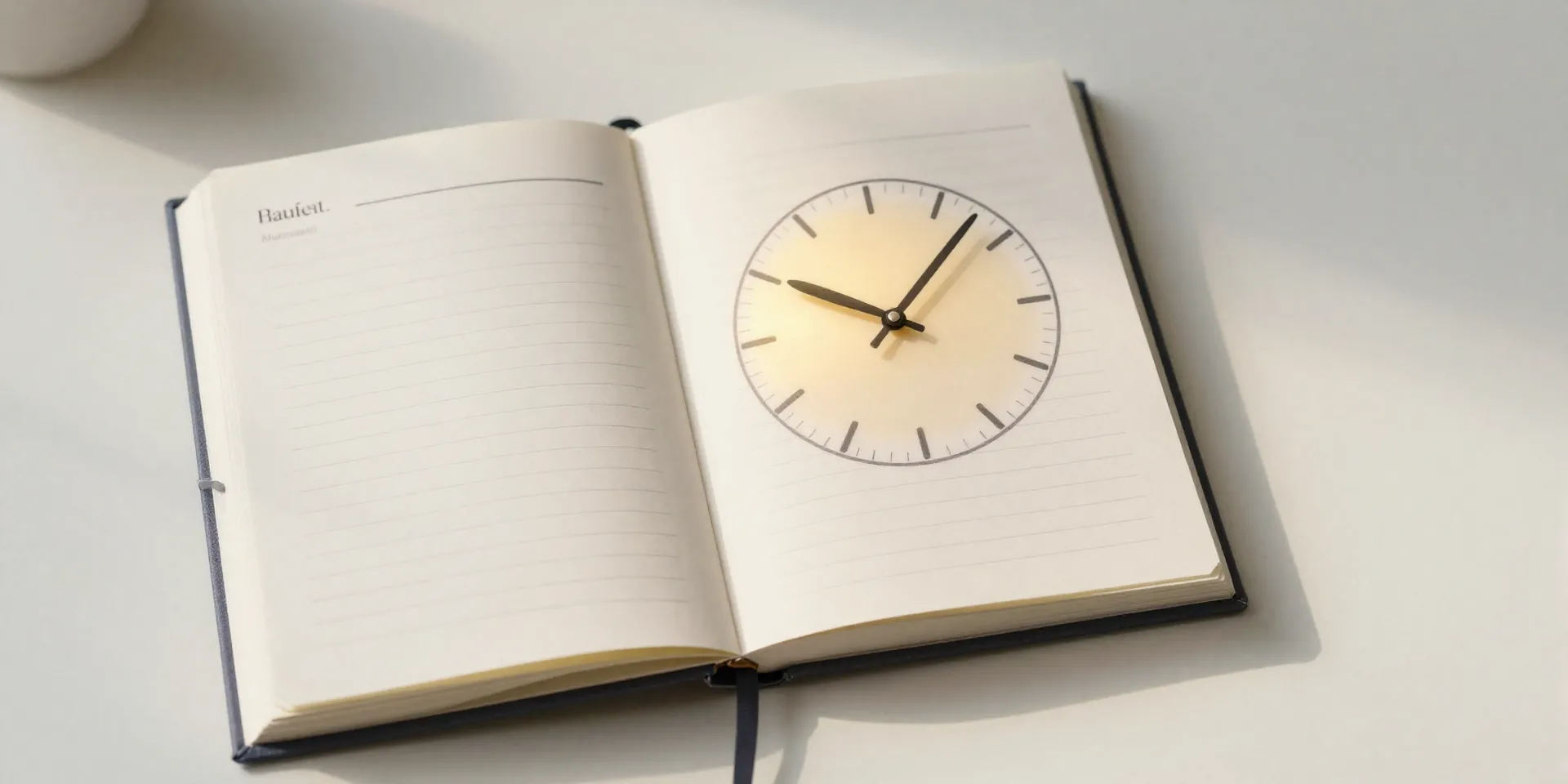 Stable Diffusion Prompt: A clean, minimalist planner open on a desk. A single golden hour on the clock face is highlighted, with a simple illustration of a plate and fork. Soft morning light, hyperrealistic detail, flat lay photography. --ar 4:3