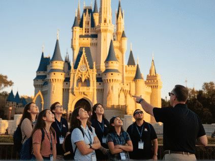 A small group on a backstage tour at Magic Kingdom, looking up in awe at the back of Cinderella Castle's turrets, seeing