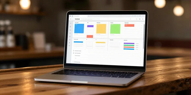 A sleek, futuristic laptop on a wooden bar counter, displaying a highly organized, colorful digital dashboard with grids