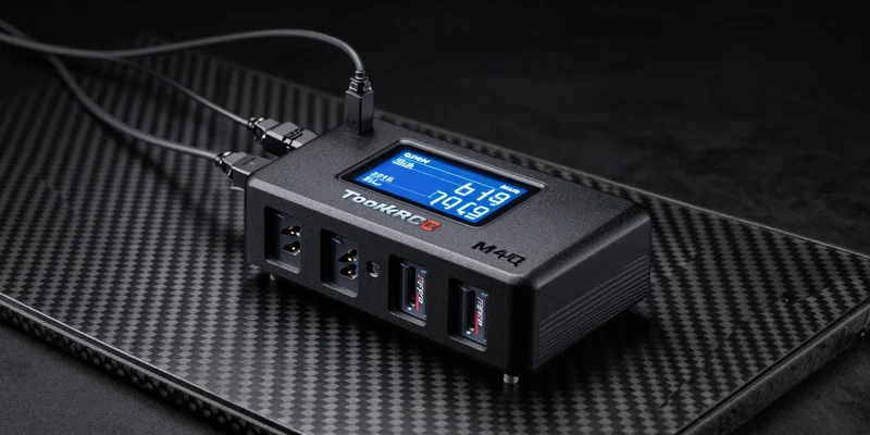 A compact black ToolkitRC M4Q charger with four distinct charging ports, four small FPV drone batteries plugged in, glowing LCD display, sitting on a carbon fiber mat, dramatic lighting, sharp focus --ar 16:9