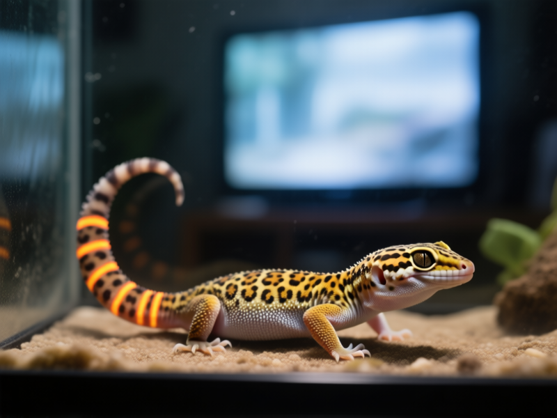 Midjourney prompt: Macro photography, leopard gecko displaying stress signals, flattened posture and bright stress bands on tail. Vibrations from a large, blurry television screen in the background distort the air. Shot from inside the tank, looking out. Style: hyper-realistic reptile photography, shallow depth of field, moody interior lighting.