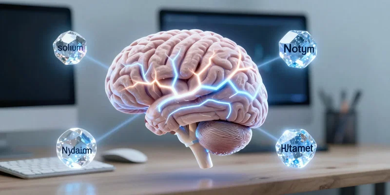 Conceptual digital illustration of a human brain glowing with electrical signals, with three key minerals (sodium, potassium, magnesium) shown as sparkling crystals around it. Desk with a computer monitor in soft focus in the background. Clean, scientific aesthetic.